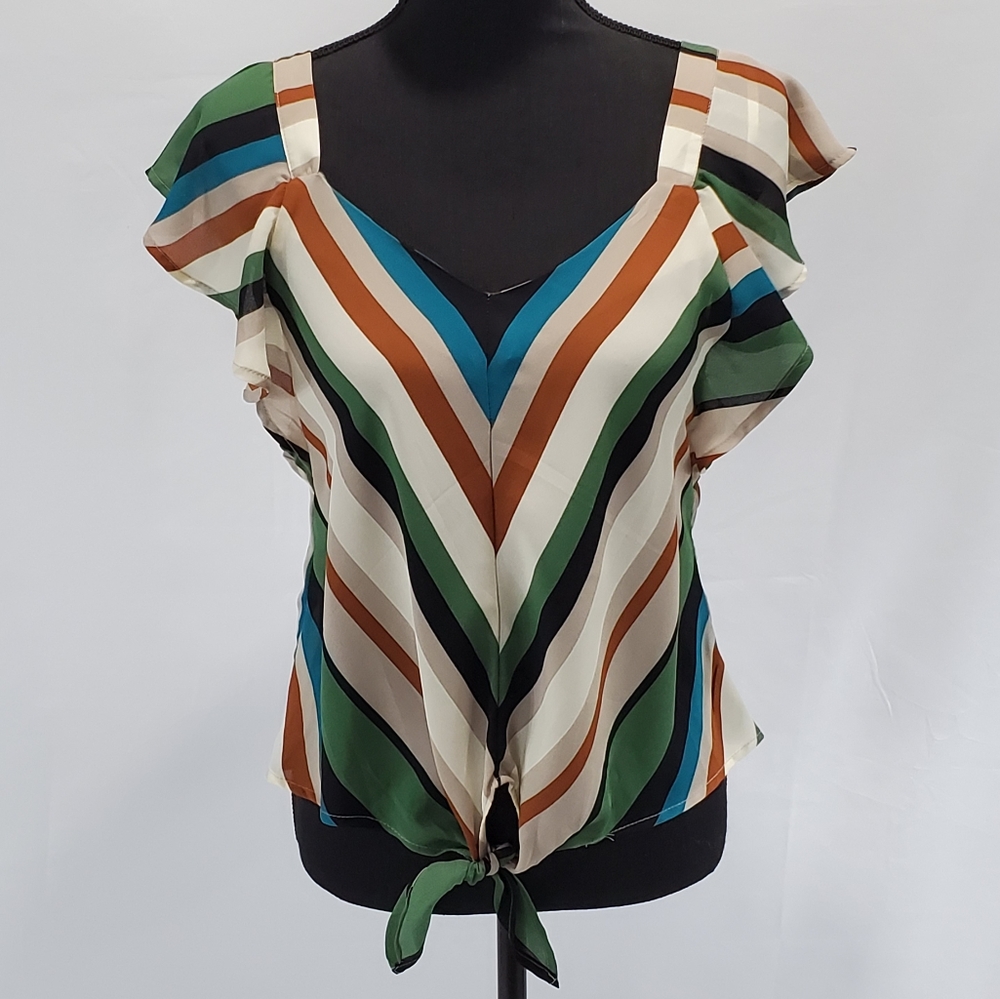 Monteau Women's Bottom Tie Striped V-Cut Blouse